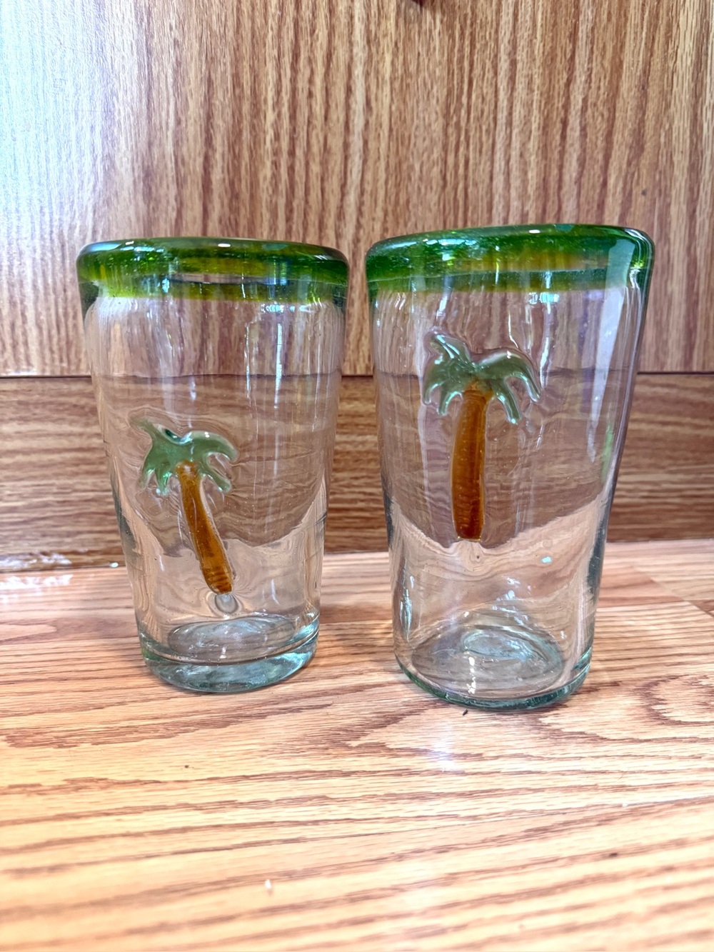 Mexican hand-blown glasses with thick-walled glass ,green rim, fused palm tree